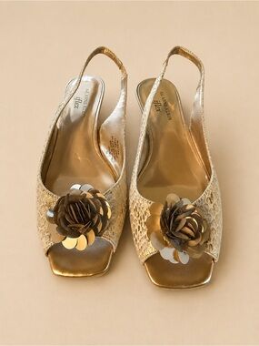 Anne Klein Champagne Gold Floral Slingback Heels